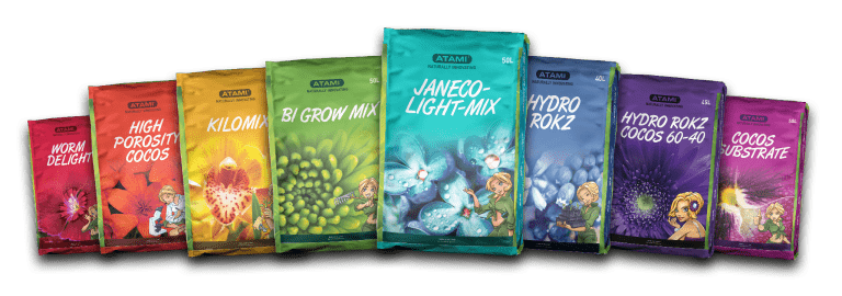 Different types of Atami substrates, including Worm delight, High porosity cocos, kilomix, bi grow mix, janeco light mix, hydro rokz, hydro cocos 60-40 and cocos substrate