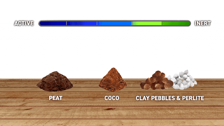 The three types of growing medium: Peat. coco, clay pebbles & perlite
