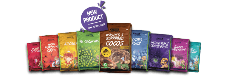 Complete Atami substrate range displayed with the new Washed & Buffered Cocos prominently featured at the front.