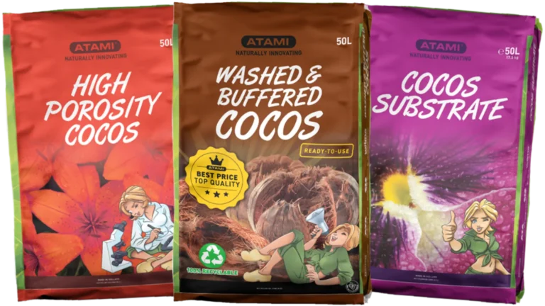 Atami High Porosity Cocos, Washed & Buffered Cocos, and Cocos Substrate products designed for optimal root growth and aeration.