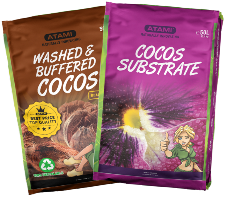 Atami Washed & Buffered Cocos and Cocos Substrate products displayed, ideal for clean, stable, and nutrient-balanced cultivation.