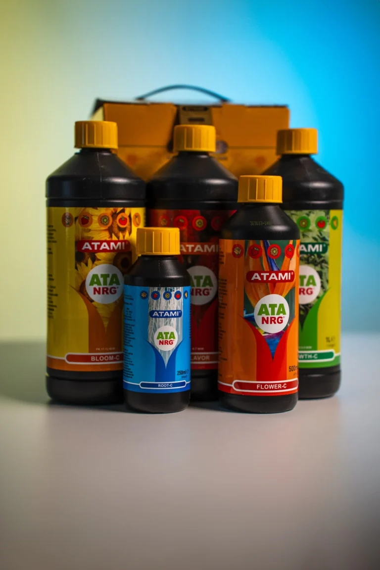 ATA NRG product line displayed, showcasing organic nutrient solutions designed for sustainable plant cultivation.