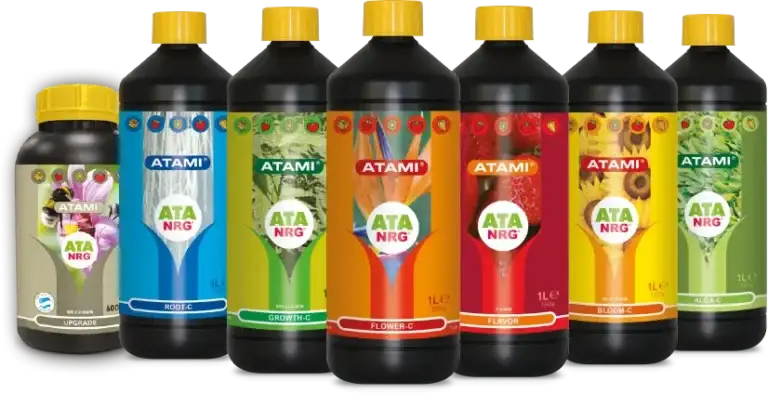 ATA NRG product line featuring organic nutrient solutions formulated to promote healthy and sustainable plant growth.