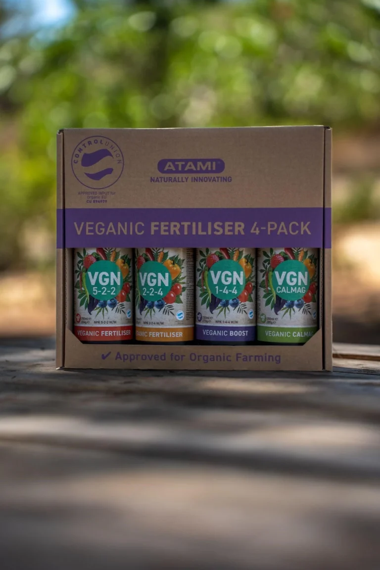 Atami VGN 4-pack featuring organic vegan fertilisers designed to support healthy plant and herb growth.