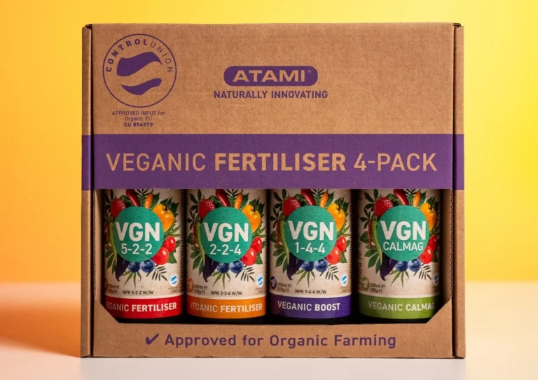 Atami VGN 4-Pack featuring certified organic vegan fertilisers designed for sustainable plant growth.