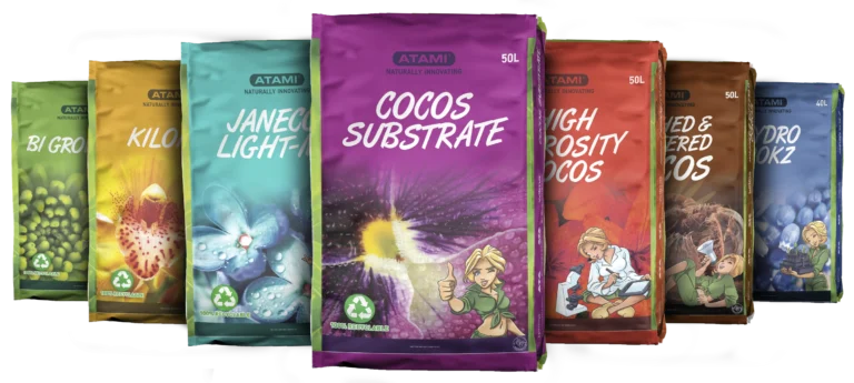 Atami substrate range for soil, coco and hydro cultivation.