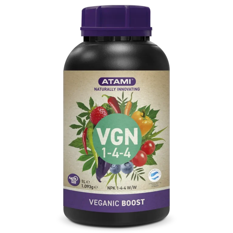VGN 1-4-4 organic bloom fertilizer by Atami, phosphorus-rich formula for flowering plants in soil and hydro systems.
