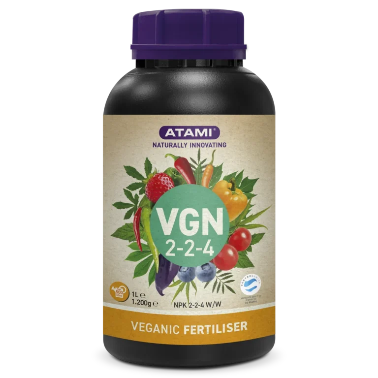 VGN 2-2-4 organic liquid fertilizer by Atami, nutrient-rich formula for plant growth in soil and hydroponic systems.