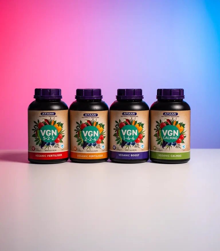 Atami VGN product line displayed for autumn cultivation, organic nutrients supporting healthy plant growth and soil care.