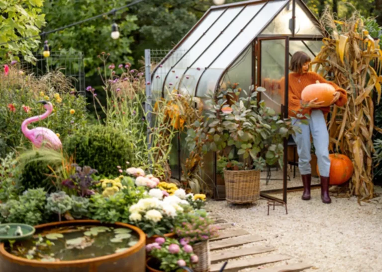 Woman carrying a pumpkin outside a greenhouse in autumn, seasonal organic gardening and fall cultivation tips.