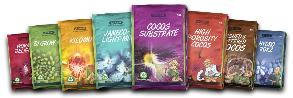 All Atami substrate products displayed together, showcasing organic growing media for healthy and sustainable cultivation.