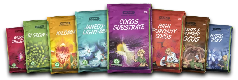 All Atami substrate products displayed together, showcasing organic growing media for healthy and sustainable cultivation.