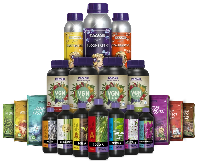 Atami VGN, B’cuzz and Bastics cannabis nutrients and substrates displayed together for beginners setting up an indoor grow.
