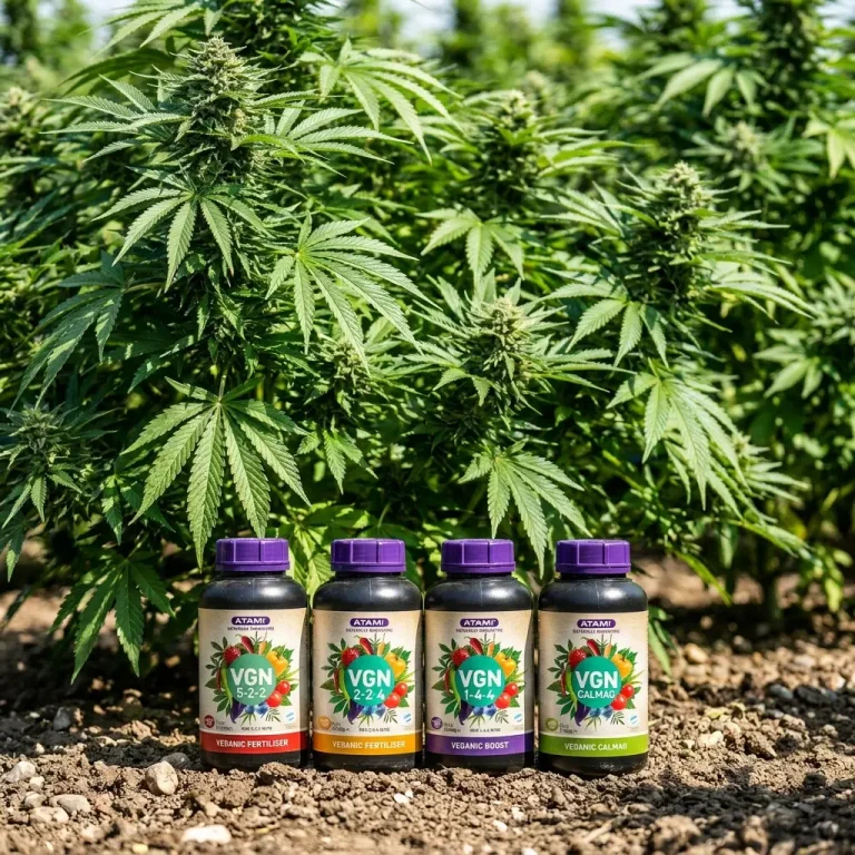 Atami VGN veganic cannabis nutrients in front of healthy cannabis plants