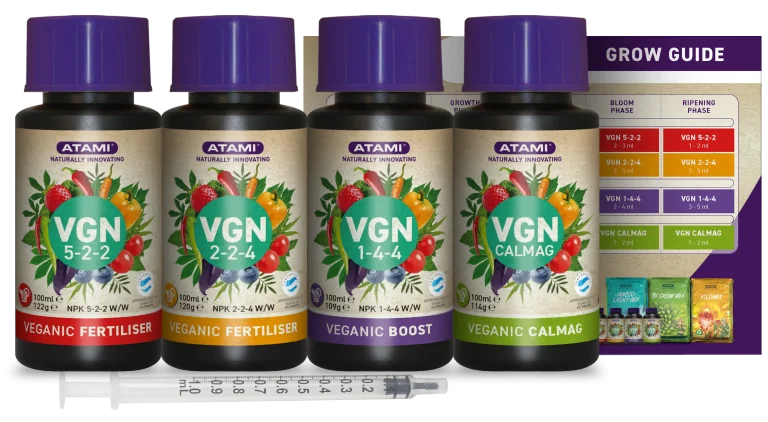 Atami VGN veganic cannabis nutrients with grow guide and dosing syringe