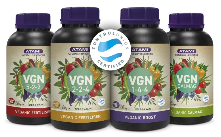 Atami VGN veganic nutrients range with fertiliser, bloom booster and CalMag