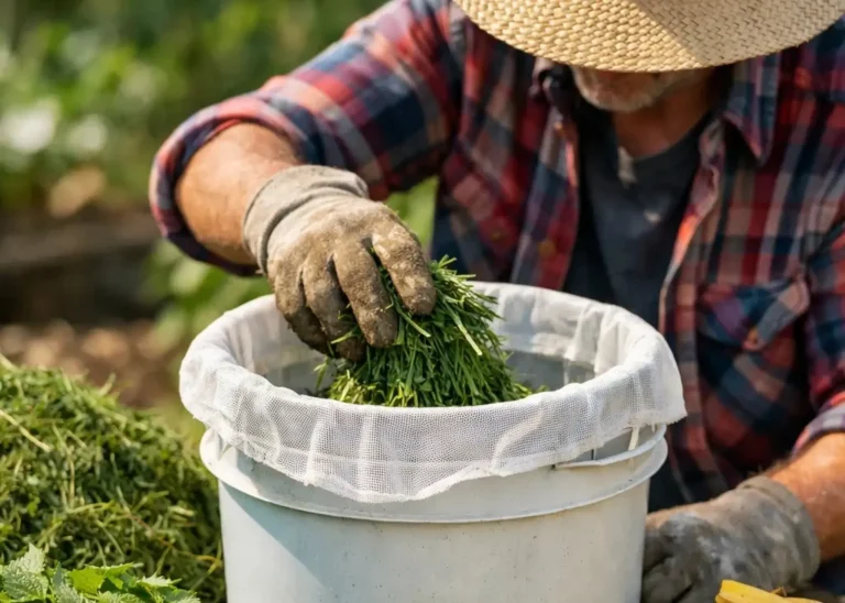 Grower making homemade veganic nutrients with plant material in a bucket