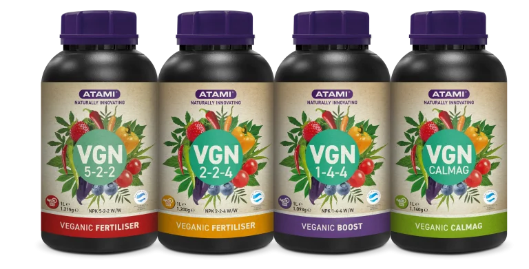 Four Atami VGN veganic nutrient bottles with fertilisers, Veganic Boost and CalMag for cannabis plants