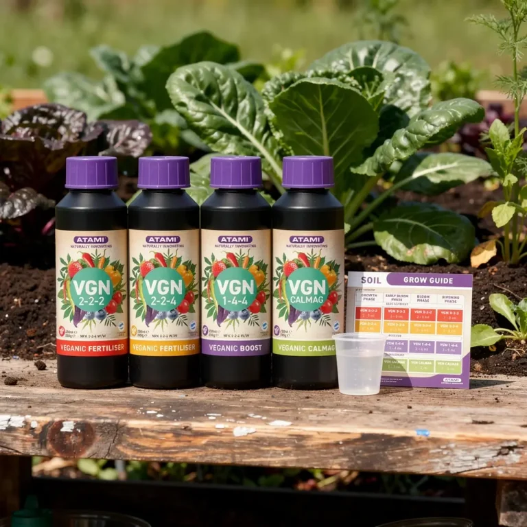 Atami VGN veganic nutrients with fertilisers, Veganic Boost, CalMag and grow guide in an organic garden