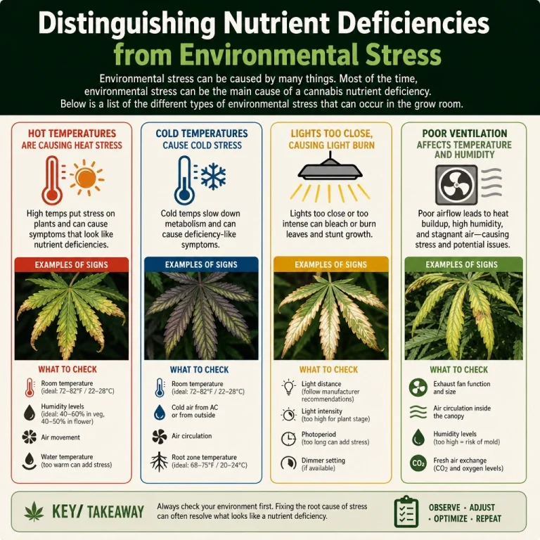 Infographic showing cannabis environmental stress from heat, cold, light burn and poor ventilation