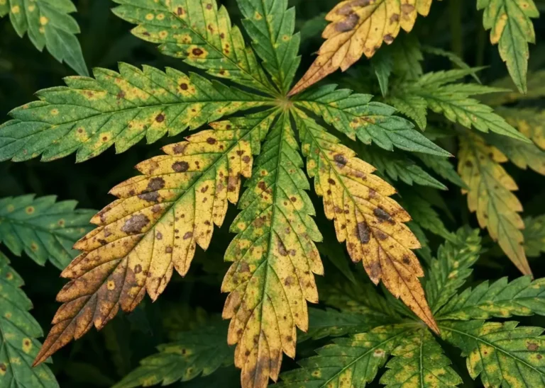Cannabis leaves showing yellow discoloration and brown spots, common signs of cannabis plant problems