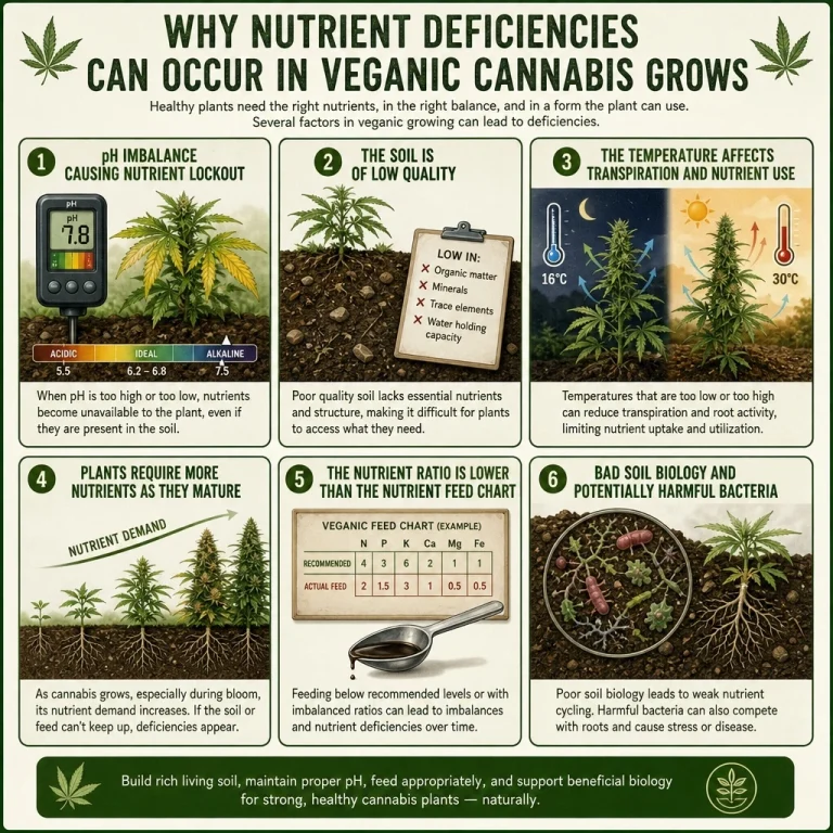 Infographic showing common causes of cannabis nutrient deficiency in veganic grows, including pH imbalance, poor soil, temperature stress and nutrient lockout