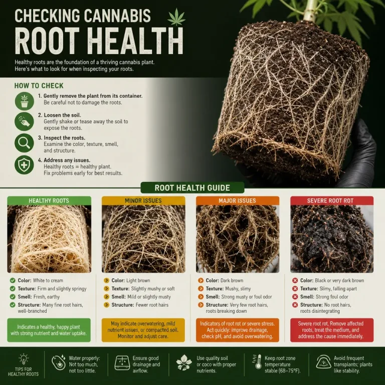 Cannabis root health infographic showing healthy roots, early root problems and severe cannabis root rot