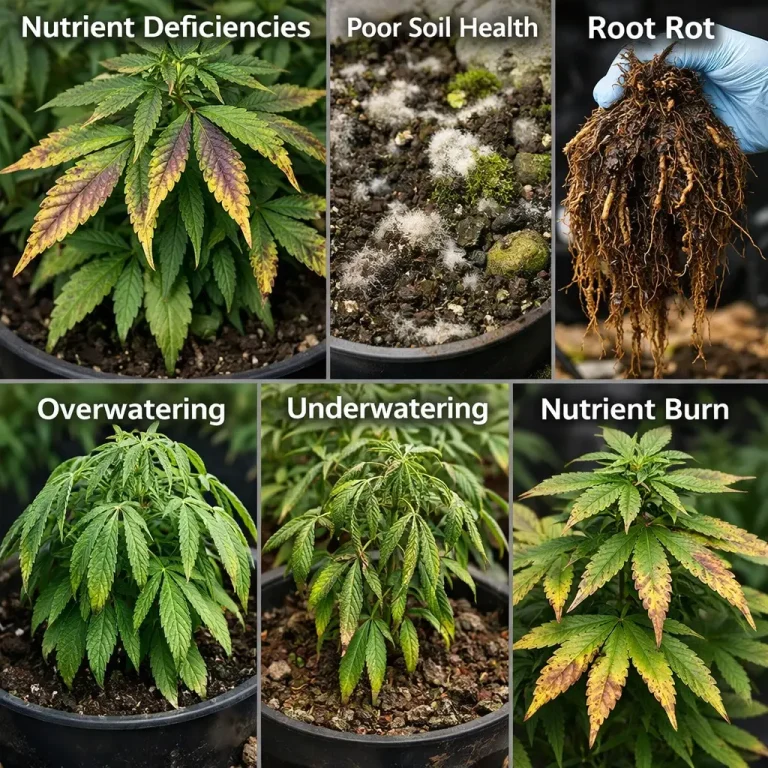 Infographic showing cannabis growing problems including nutrient deficiencies, poor soil health, root rot, overwatering, underwatering and nutrient burn