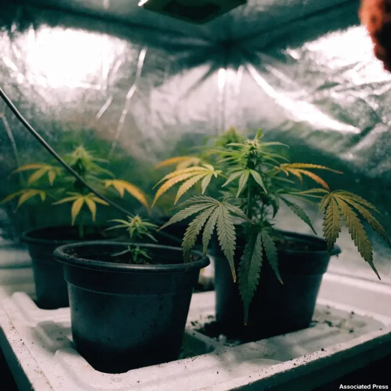 Cannabis plants with limited growth in an indoor grow tent under artificial grow lights