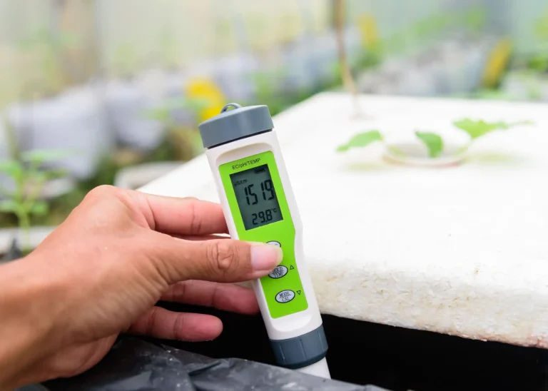 EC meter testing a cannabis nutrient solution during the veg-to-bloom transition