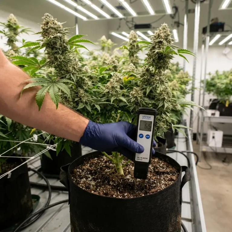 Grower checking cannabis soil pH with a digital pH meter during the flowering stage