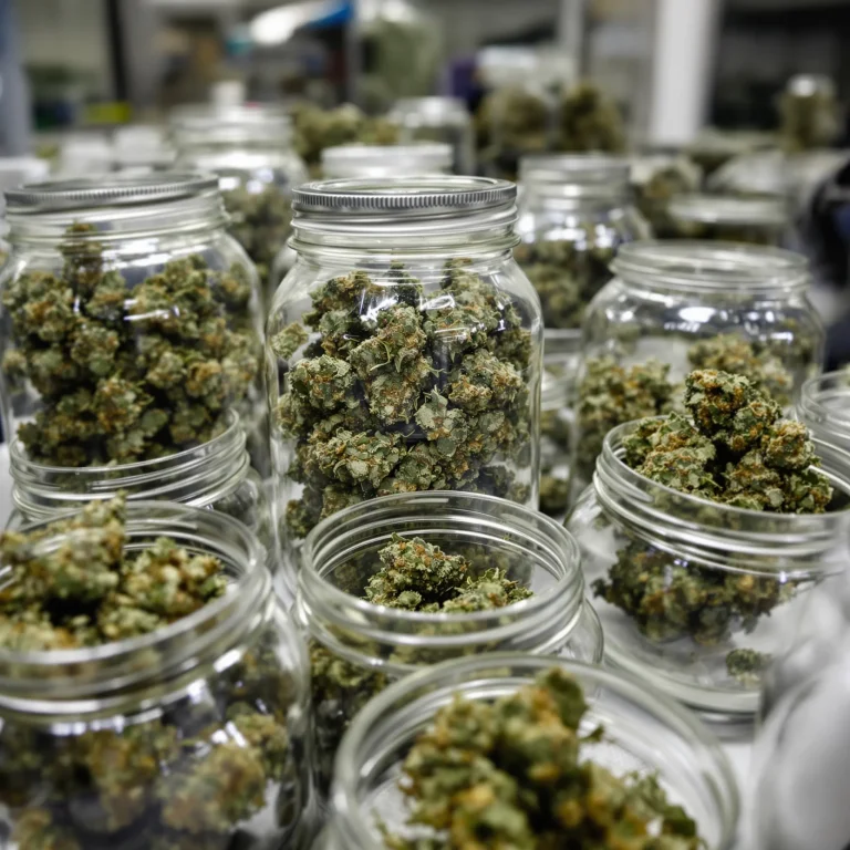 Glass jars filled with dried cannabis buds during the curing and storage process