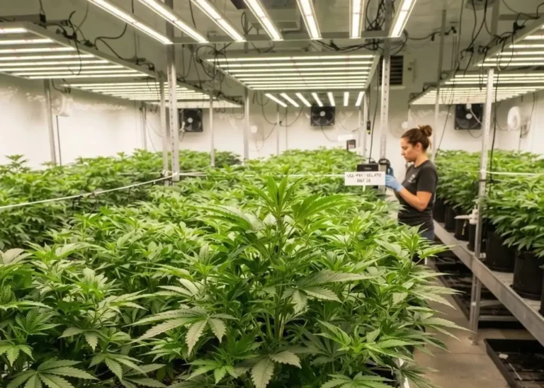 Indoor cannabis cultivation facility with rows of healthy plants growing under LED grow lights